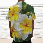 White And Yellow Plumeria Flower Print Textured Short Sleeve Shirt