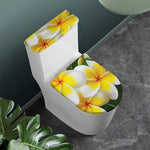 White And Yellow Plumeria Flower Print Toilet Lid And Tank Cover Set
