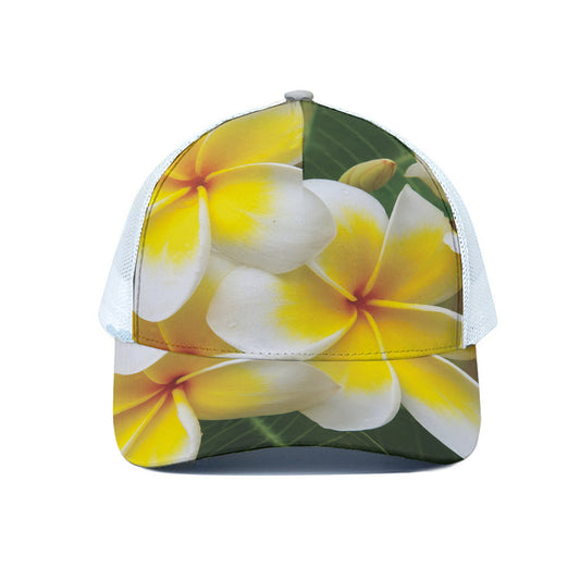 White And Yellow Plumeria Flower Print White Mesh Trucker Cap