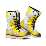 White And Yellow Plumeria Flower Print Winter Boots