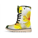 White And Yellow Plumeria Flower Print Winter Boots