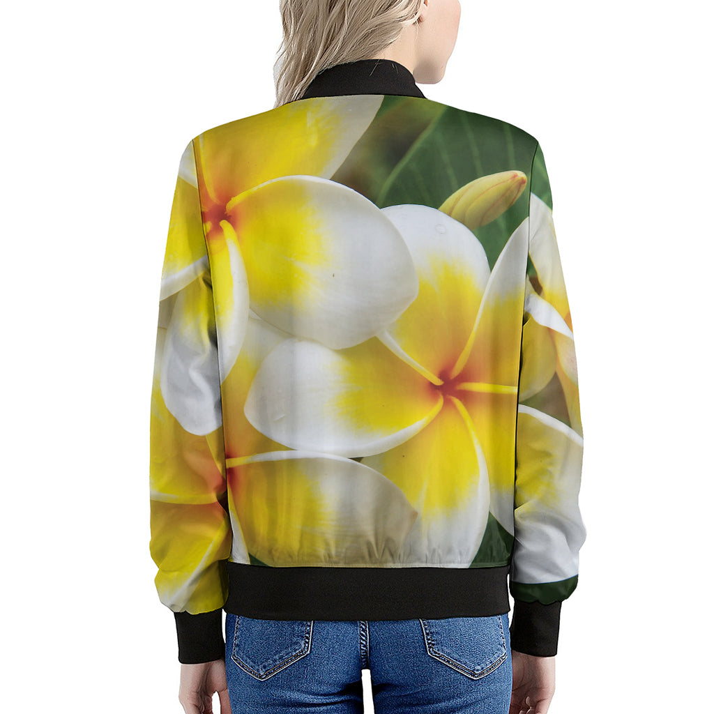 White And Yellow Plumeria Flower Print Women's Bomber Jacket