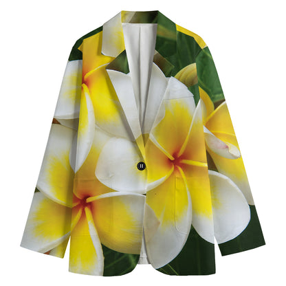 White And Yellow Plumeria Flower Print Women's Cotton Blazer