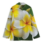 White And Yellow Plumeria Flower Print Women's Cotton Blazer
