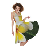 White And Yellow Plumeria Flower Print Women's Sleeveless Dress