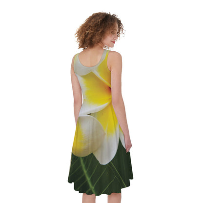 White And Yellow Plumeria Flower Print Women's Sleeveless Dress