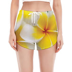 White And Yellow Plumeria Flower Print Women's Split Running Shorts