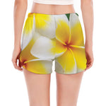 White And Yellow Plumeria Flower Print Women's Split Running Shorts