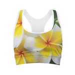 White And Yellow Plumeria Flower Print Women's Sports Bra