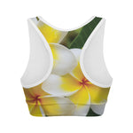 White And Yellow Plumeria Flower Print Women's Sports Bra