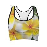 White And Yellow Plumeria Flower Print Women's Sports Bra