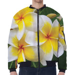 White And Yellow Plumeria Flower Print Zip Sleeve Bomber Jacket