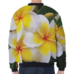 White And Yellow Plumeria Flower Print Zip Sleeve Bomber Jacket