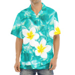White And Yellow Plumeria In Water Print Aloha Shirt