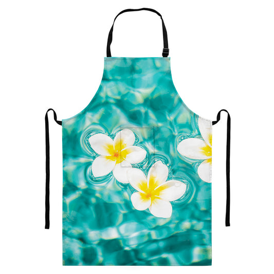 White And Yellow Plumeria In Water Print Bib Apron With Pocket