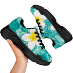White And Yellow Plumeria In Water Print Black Chunky Shoes