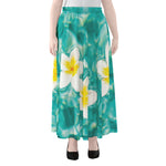 White And Yellow Plumeria In Water Print Chiffon Maxi Skirt