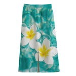 White And Yellow Plumeria In Water Print Cotton Front Slit Maxi Skirt