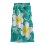 White And Yellow Plumeria In Water Print Cotton Front Slit Maxi Skirt