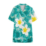 White And Yellow Plumeria In Water Print Cotton Hawaiian Shirt