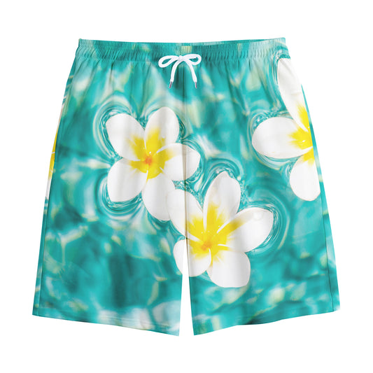 White And Yellow Plumeria In Water Print Cotton Shorts