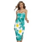 White And Yellow Plumeria In Water Print Cross Back Cami Dress