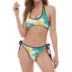 White And Yellow Plumeria In Water Print Halter Scoop Tie Side Bikini