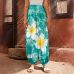 White And Yellow Plumeria In Water Print Harem Pants