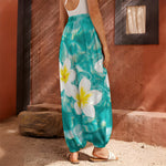 White And Yellow Plumeria In Water Print Harem Pants
