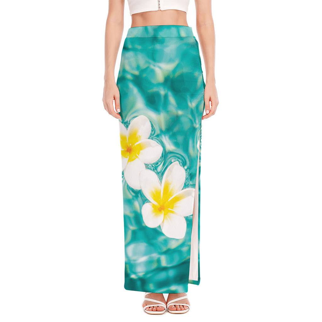 White And Yellow Plumeria In Water Print High Slit Maxi Skirt