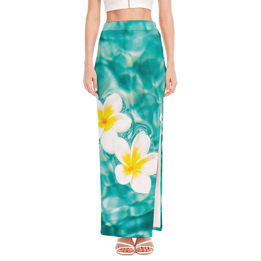 White And Yellow Plumeria In Water Print High Slit Maxi Skirt