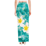 White And Yellow Plumeria In Water Print High Slit Maxi Skirt