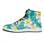 White And Yellow Plumeria In Water Print High Top Leather Sneakers