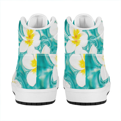 White And Yellow Plumeria In Water Print High Top Leather Sneakers
