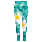 White And Yellow Plumeria In Water Print High-Waisted Pocket Leggings