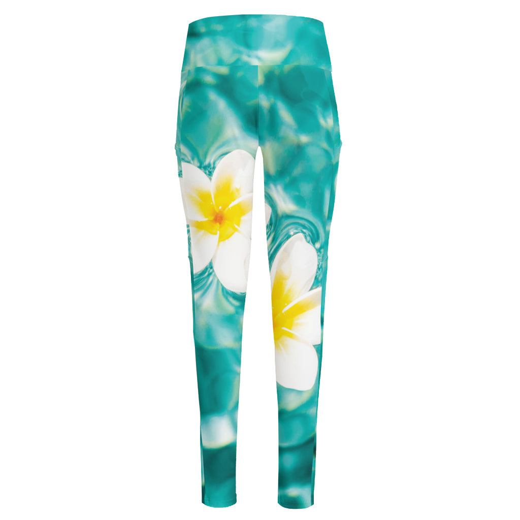 White And Yellow Plumeria In Water Print High-Waisted Pocket Leggings