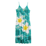 White And Yellow Plumeria In Water Print Jersey Midi Cami Dress