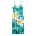 White And Yellow Plumeria In Water Print Jersey Midi Cami Dress