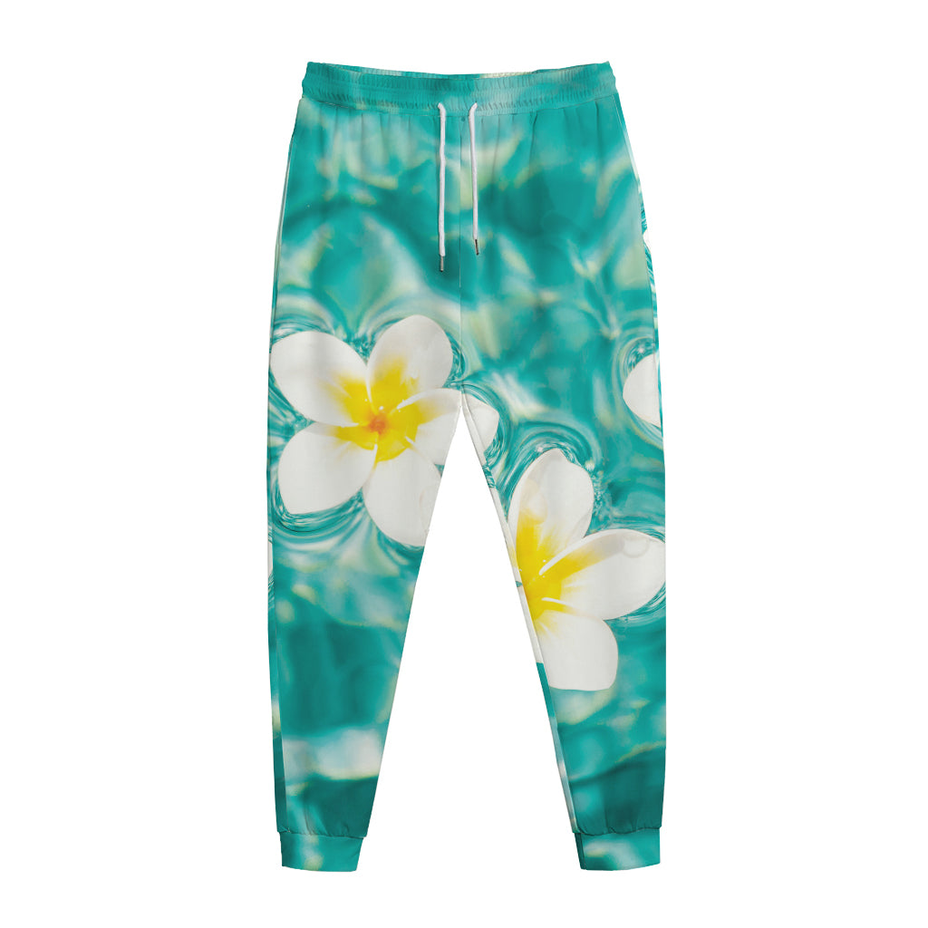 White And Yellow Plumeria In Water Print Jogger Pants