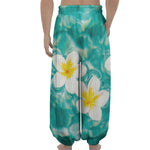 White And Yellow Plumeria In Water Print Lantern Pants