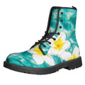 White And Yellow Plumeria In Water Print Lace-Up Boots