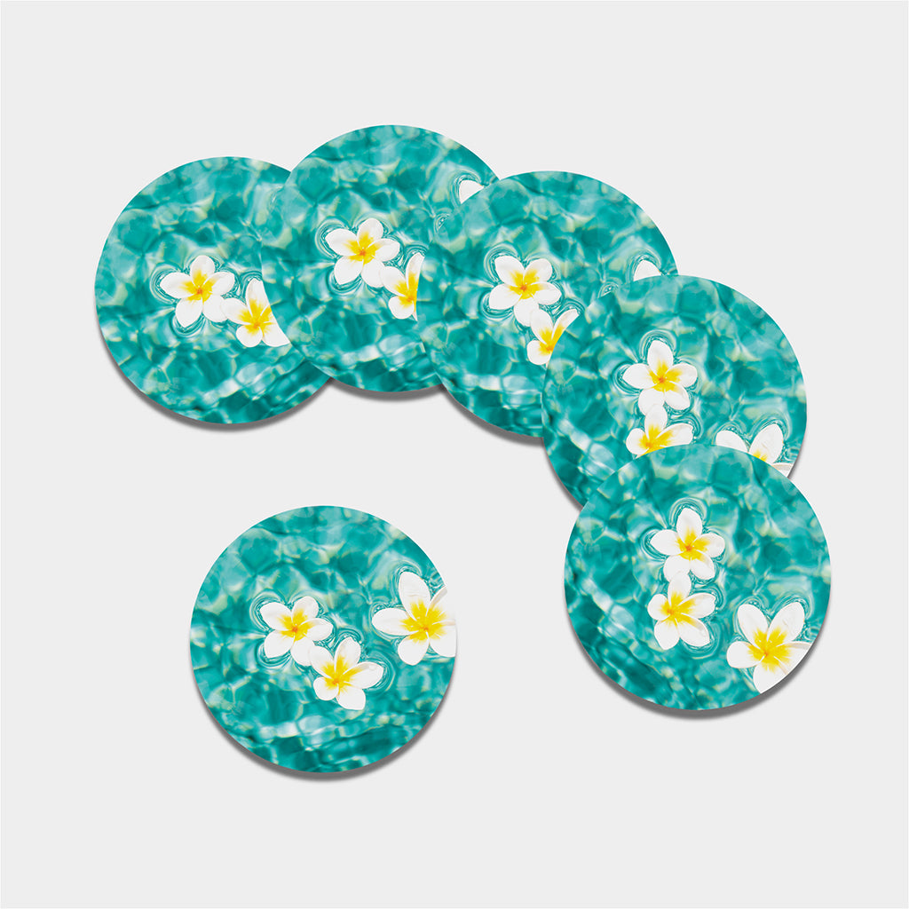 White And Yellow Plumeria In Water Print Leather Coaster Set