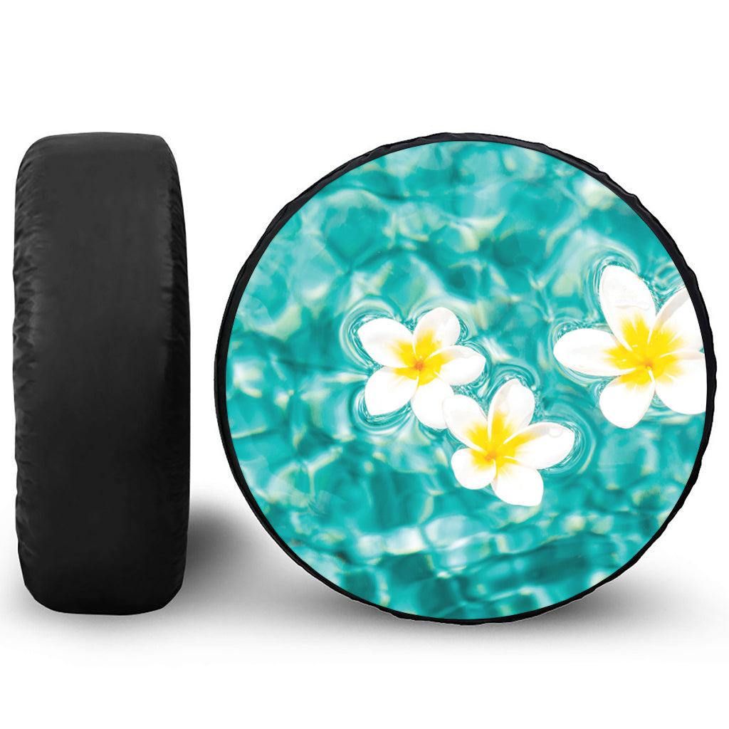 White And Yellow Plumeria In Water Print Leather Spare Tire Cover