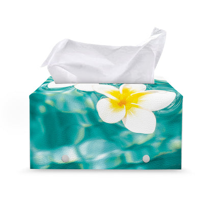 White And Yellow Plumeria In Water Print Leather Tissue Box Cover