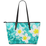 White And Yellow Plumeria In Water Print Leather Tote Bag