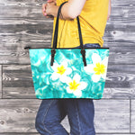 White And Yellow Plumeria In Water Print Leather Tote Bag