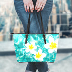 White And Yellow Plumeria In Water Print Leather Tote Bag
