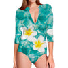 White And Yellow Plumeria In Water Print Long Sleeve Swimsuit