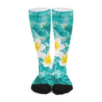 White And Yellow Plumeria In Water Print Long Socks