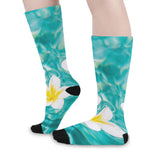 White And Yellow Plumeria In Water Print Long Socks